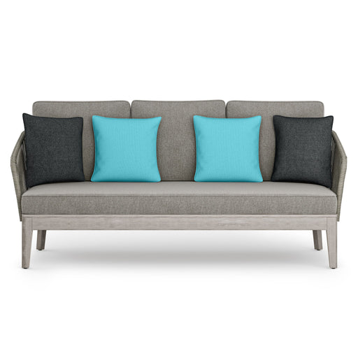 Simpli-Home Carmel outdoor sofa in sand drift color with plush cushions, ideal for patio or garden seating.