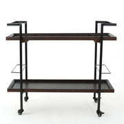 Modern industrial bar cart with shelving and casters by Noble House, featuring a sleek metal frame and wooden shelves.