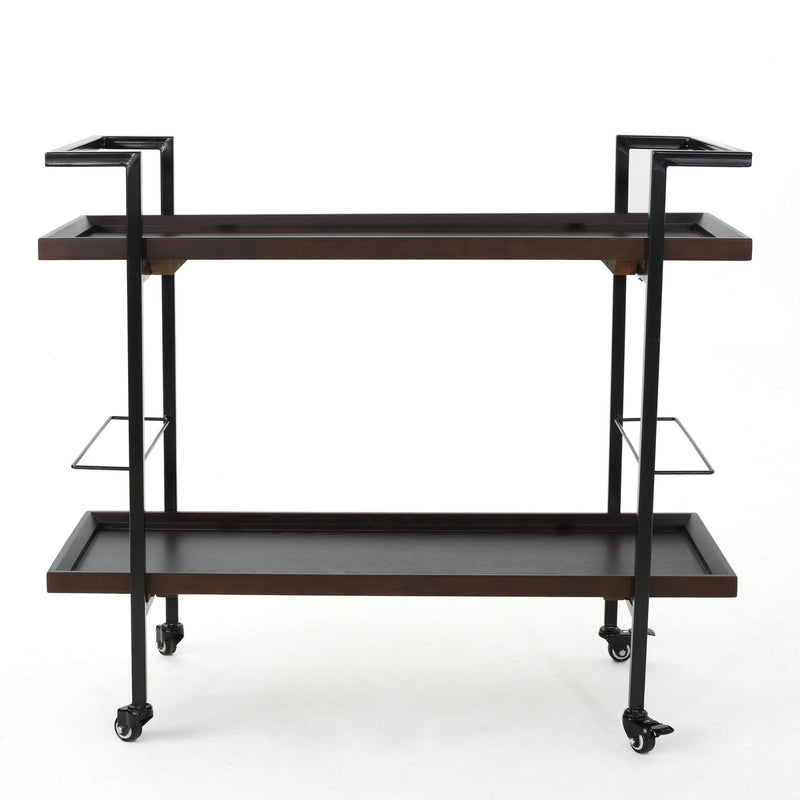 Modern industrial bar cart with shelving and casters by Noble House, featuring a sleek metal frame and wooden shelves.