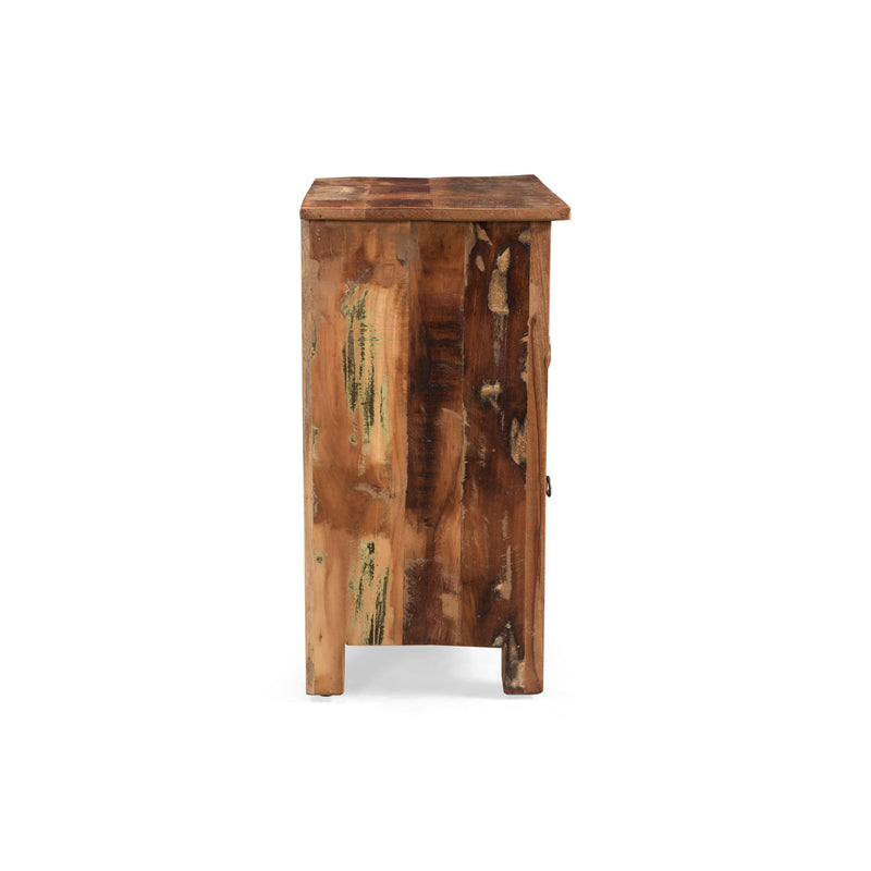 Noble House recycled wood side table with drawer and door in natural finish, showcasing a rustic design and sturdy construction.