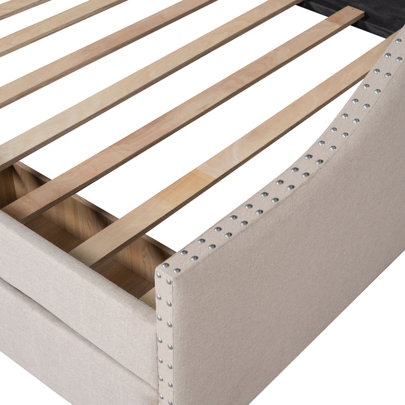 DreamHaus upholstered storage daybed with two drawers and wood slat support, featuring a stylish and functional design.