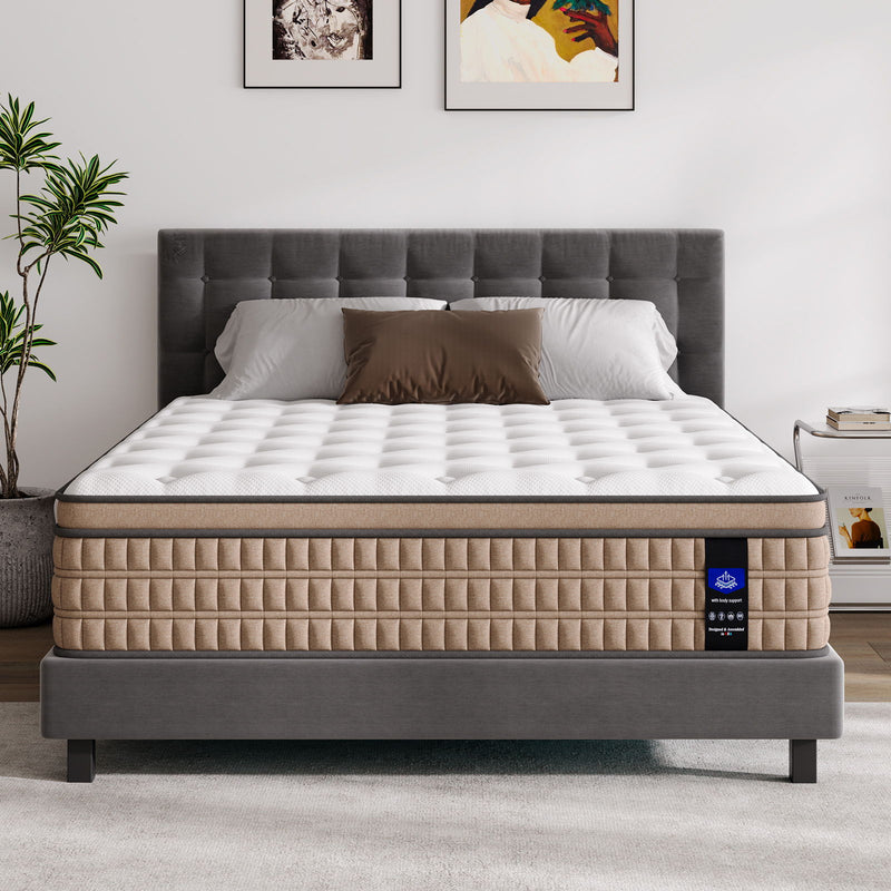 14" King Mattress Hotel Collection Hybrid Mattress With Gel Memory Foam & Pocket Springs - Brown / White - R&R Furniture Gallery (Fountain Valley, CA)