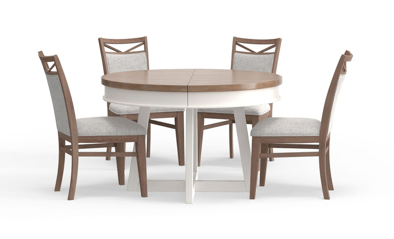 Americana Modern Dining - Round Extendable Dining Table And 4 Upholstered Chairs - Cotton - R&R Furniture Gallery (Fountain Valley, CA)