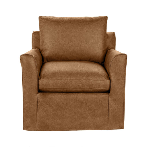 Classic Home Cassiano swivel chair with plush fabric upholstery and a rounded backrest, featuring a modern design and wooden base.