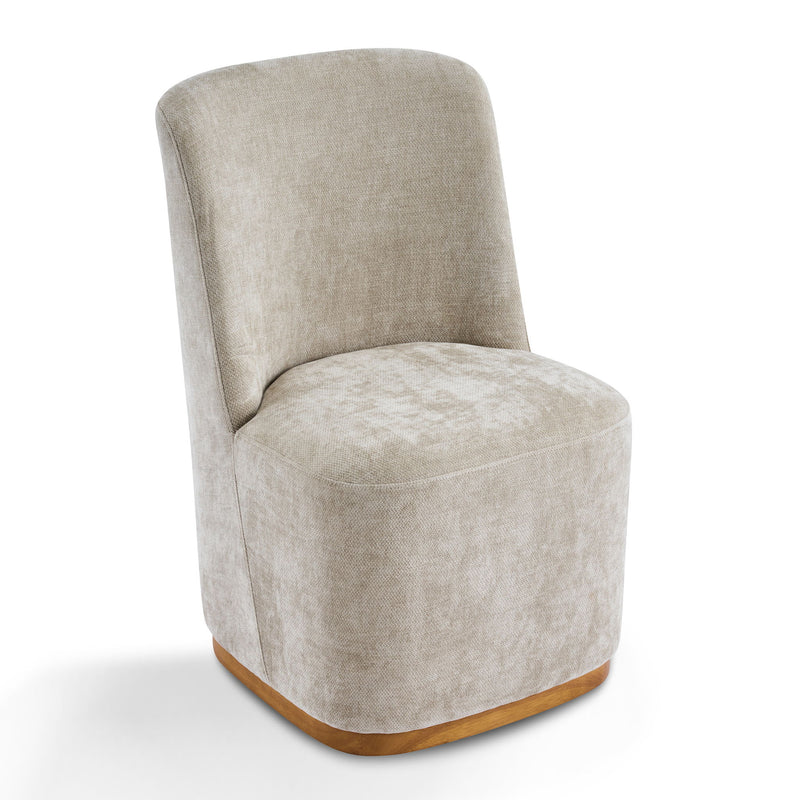 Set of two Noble House indoor upholstered dining chairs with cushioned seats and wooden legs, shown in a stylish dining room setting.