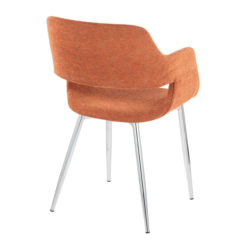 Two contemporary Lumi Source Margarite dining chairs with sleek design and wooden legs, set against a neutral background.