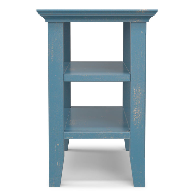 Handcrafted Acadian narrow side table by Simpli-Home, featuring a sleek wooden design with tapered legs and a compact surface.