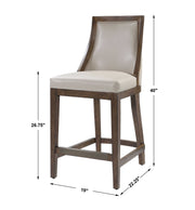 Beige Uttermost Purcell counter stool with a modern design, featuring a cushioned seat and wooden legs at 24-27 inch height.