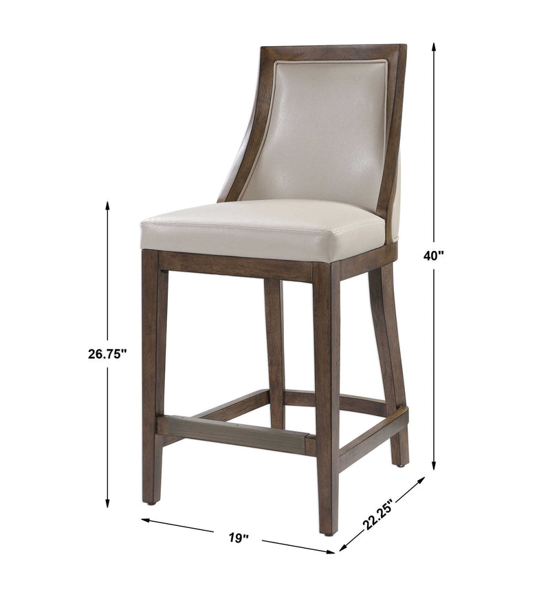 Beige Uttermost Purcell counter stool with a modern design, featuring a cushioned seat and wooden legs at 24-27 inch height.