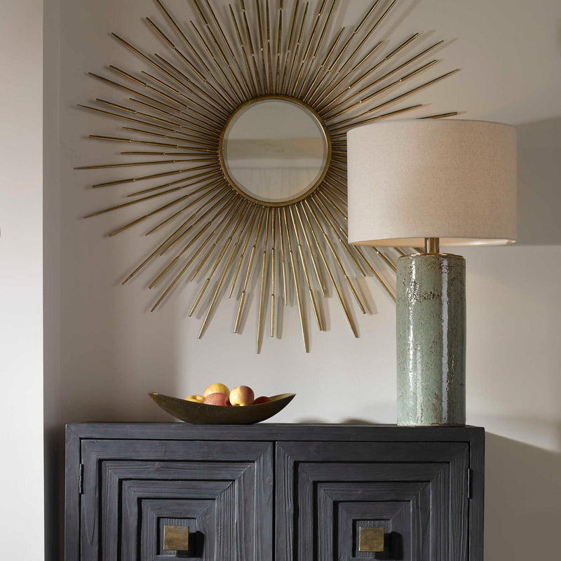 Uttermost Callais crackled aqua table lamp with textured ceramic base and fabric shade, ideal for accent lighting in living spaces.