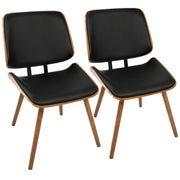 Set of two Lombardi mid-century modern dining chairs by Lumi Source with walnut wood seats and black metal legs.