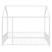 Halcyon Home metal canopy bed frame with built-in fence, sturdy metal construction and decorative fencing for a cozy bedroom look.