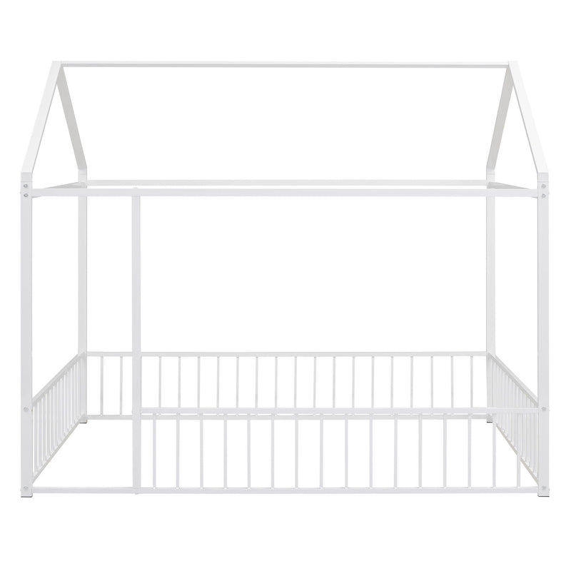 Halcyon Home metal canopy bed frame with built-in fence, sturdy metal construction and decorative fencing for a cozy bedroom look.