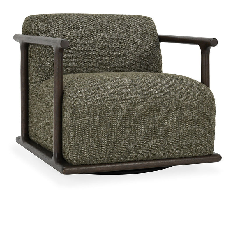 Classic Home Lucia swivel chair with plush upholstery and wooden base, showcasing a modern, comfortable design in a living room setting.