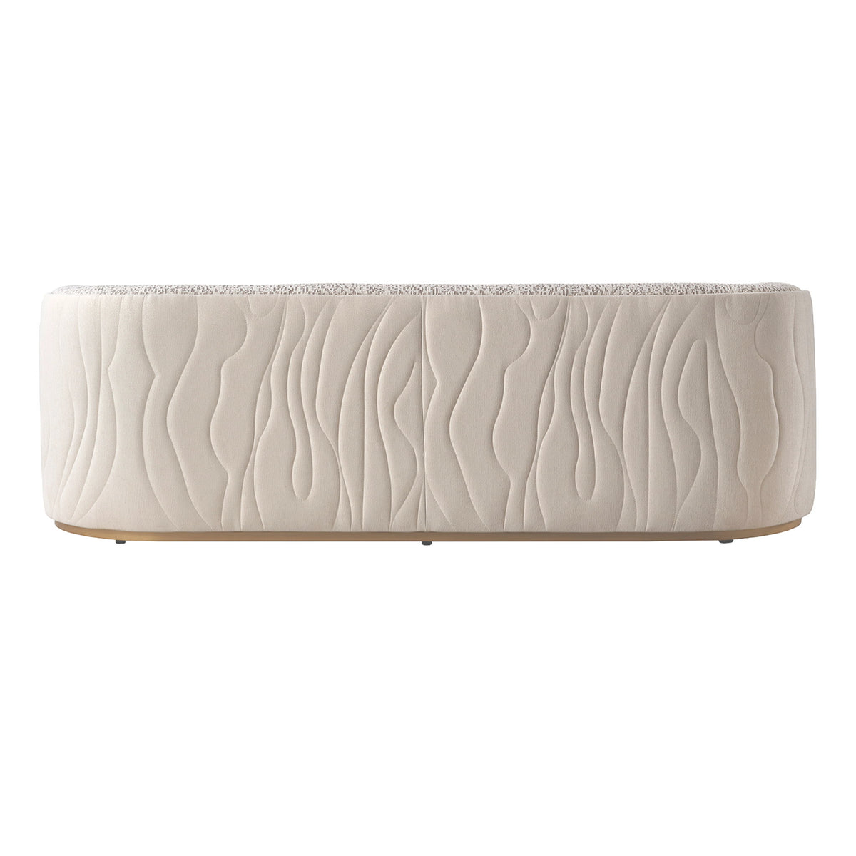 Michael Amini Gineverra stationary sofa in biscotti and ivory gold with elegant upholstery and decorative cushions.