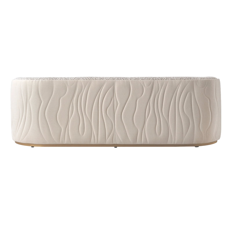 Michael Amini Gineverra stationary sofa in biscotti and ivory gold with elegant upholstery and decorative cushions.