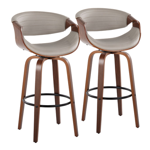 Lumi Source Symphony mid-century modern fixed height barstools with swivel, round footrest, set of 2, featuring sleek design and wooden finish.
