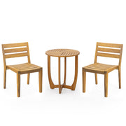 Noble House outdoor 3-piece teak dining set with a table and two chairs for patio or garden outdoor dining.