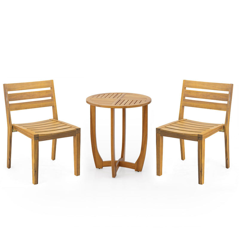 Noble House outdoor 3-piece teak dining set with a table and two chairs for patio or garden outdoor dining.