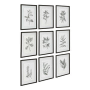 Set of nine farmhouse floral framed prints by Uttermost with black frames, featuring colorful floral artwork on white backgrounds.