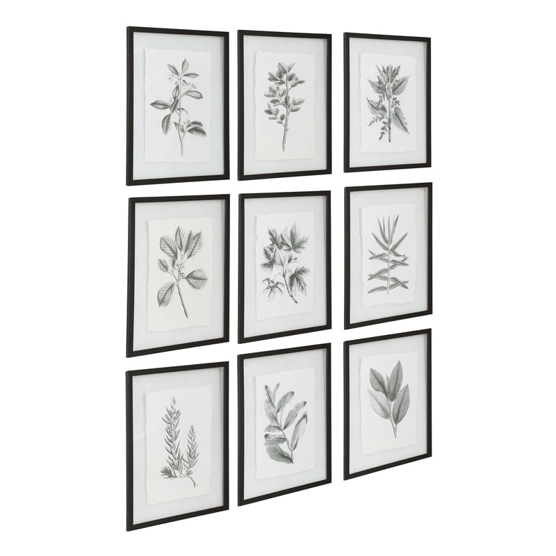 Set of nine farmhouse floral framed prints by Uttermost with black frames, featuring colorful floral artwork on white backgrounds.