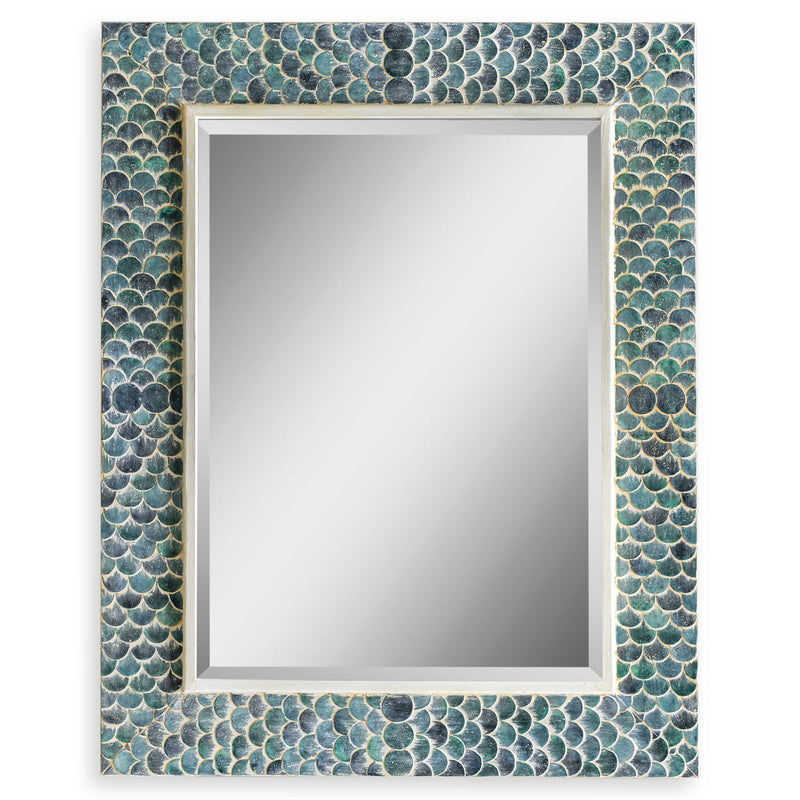 Uttermost Makaria Coastal Mirror in blue wall mirror with a stylish, round frame reflecting coastal decor.