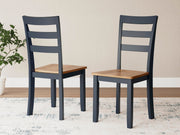 Pair of Signature Design by Ashley Gesthaven dining room side chairs with upholstered seats and wooden legs, set of two.
