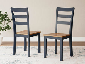 Pair of Signature Design by Ashley Gesthaven dining room side chairs with upholstered seats and wooden legs, set of two.