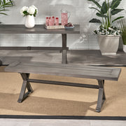 Dark gray modern aluminum outdoor dining bench with X base by Noble House, showing sleek, durable seating for outdoor spaces.