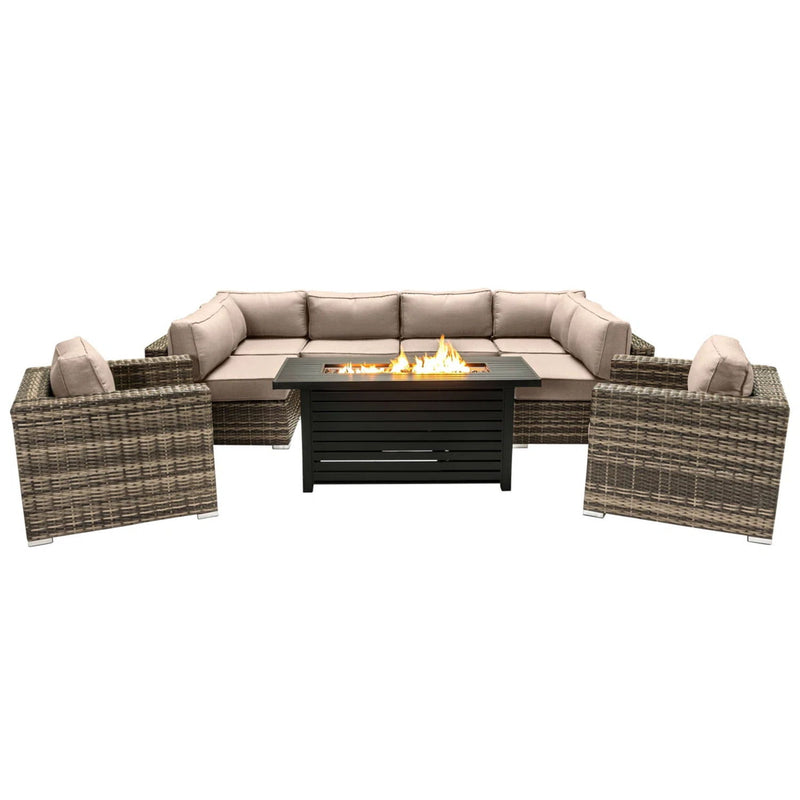 9 Piece Outdoor Sectional Set With Fire Pit Table And Cushions - Beige - R&R Furniture Gallery (Fountain Valley, CA)