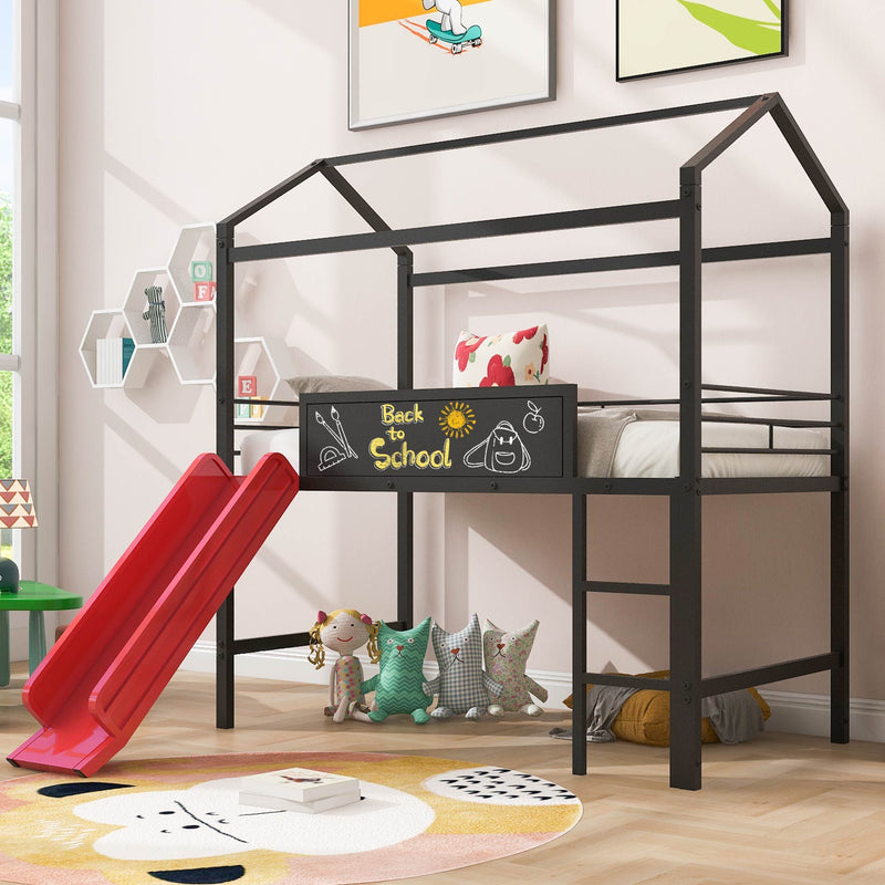 Twin Metal Loft Bed With Slide And 2 Sided Writable Wooden Board - Black - R&R Furniture Gallery (Fountain Valley, CA)