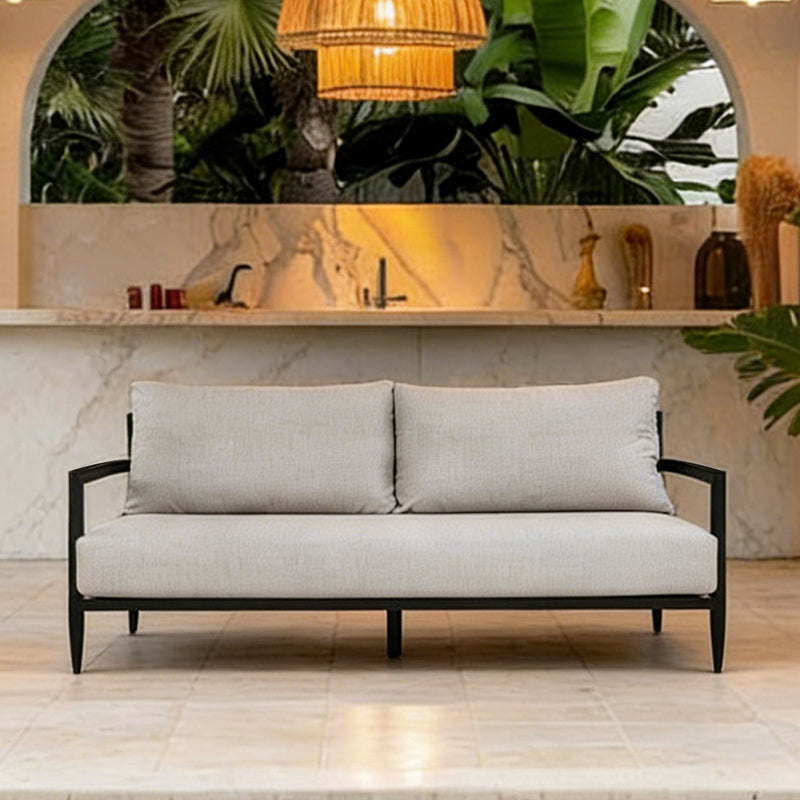 Life Outside outdoor bench seat sofa with Sunbrella cushion, weather-resistant Ember Black finish, ideal for patio seating.