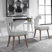 Pair of white Uttermost Klismos accent chairs with curved wooden legs and elegant design, set of two for stylish seating.