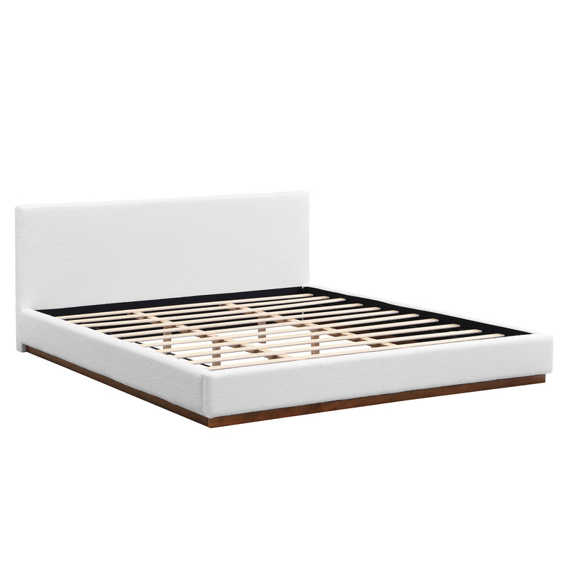 Elegant upholstered bed with boucle fabric and wood grain textured solid wood base frame from Noble House, showcasing a stylish bedroom centerpiece.