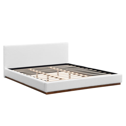 Elegant upholstered bed with boucle fabric and wood grain textured solid wood base frame from Noble House, showcasing a stylish bedroom centerpiece.