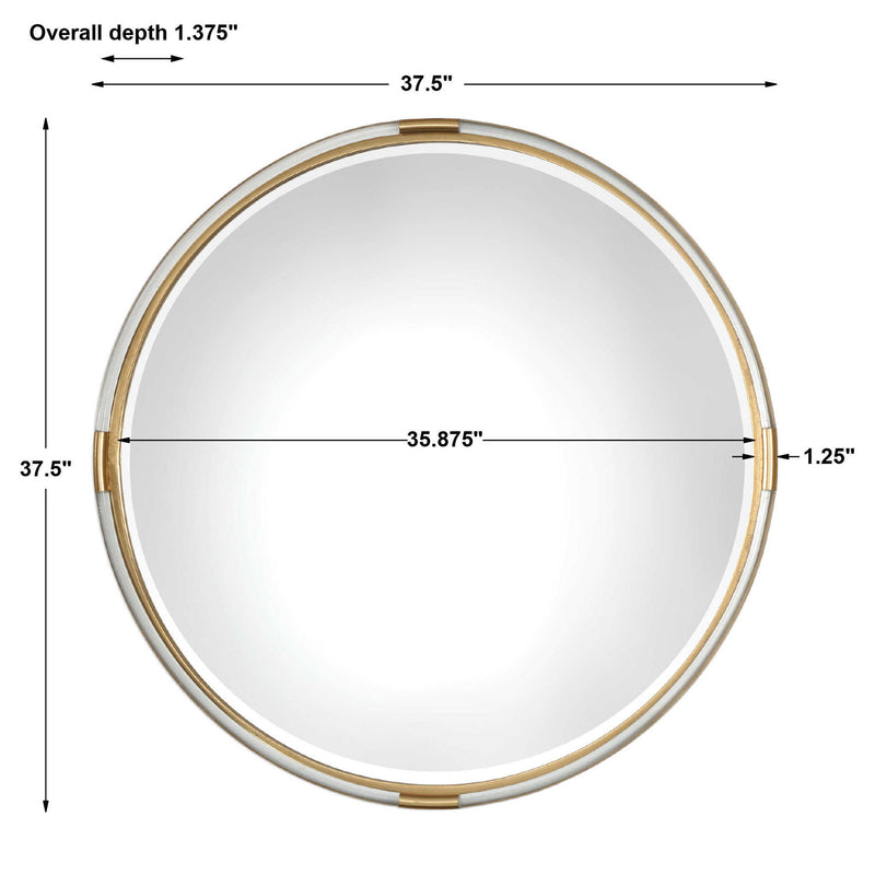 Uttermost Mackai round wall mirror with a gold finish, featuring a sleek and modern design for stylish interior decor.
