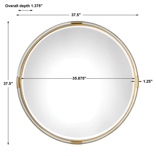 Uttermost Mackai round wall mirror with a gold finish, featuring a sleek and modern design for stylish interior decor.