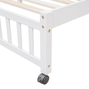DreamHaus bunk bed with six drawers, flexible shelves, and a bottom bed on wheels, ideal for space-saving bedroom organization.