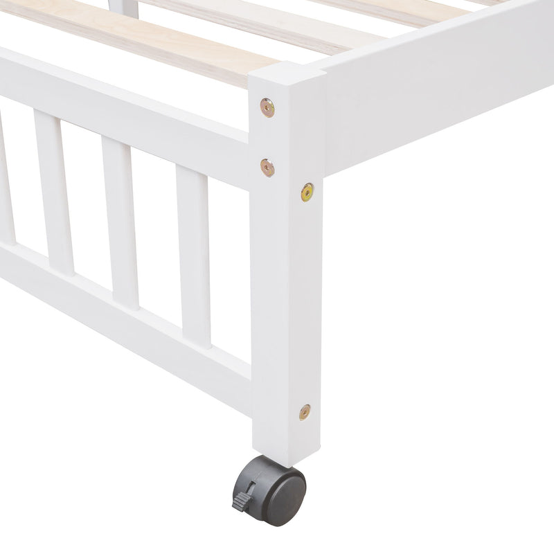 DreamHaus bunk bed with six drawers, flexible shelves, and a bottom bed on wheels, ideal for space-saving bedroom organization.