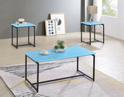 Set of three Lilola Home GT carbon fiber wrap coffee and end tables with sleek black finish and modern design.