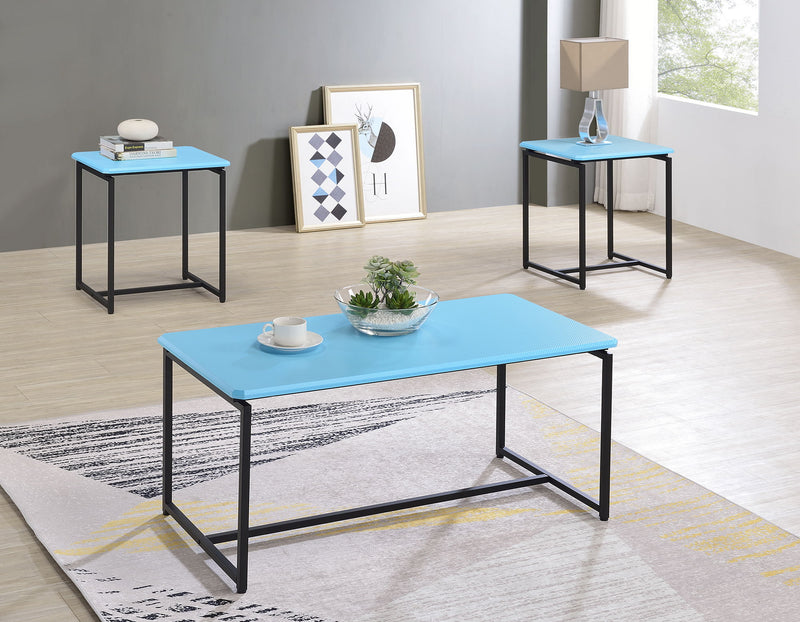 Set of three Lilola Home GT carbon fiber wrap coffee and end tables with sleek black finish and modern design.