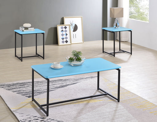 Set of three Lilola Home GT carbon fiber wrap coffee and end tables with sleek black finish and modern design.