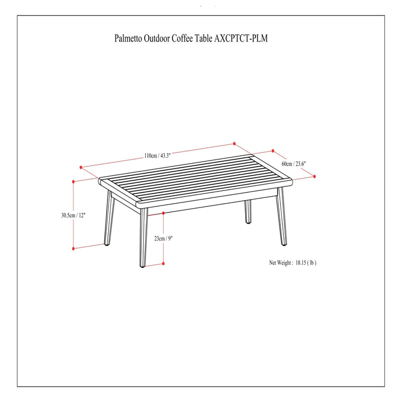 Simpli-Home Palmetto outdoor coffee table in light teak wood with slatted top and sturdy legs for patio or garden use