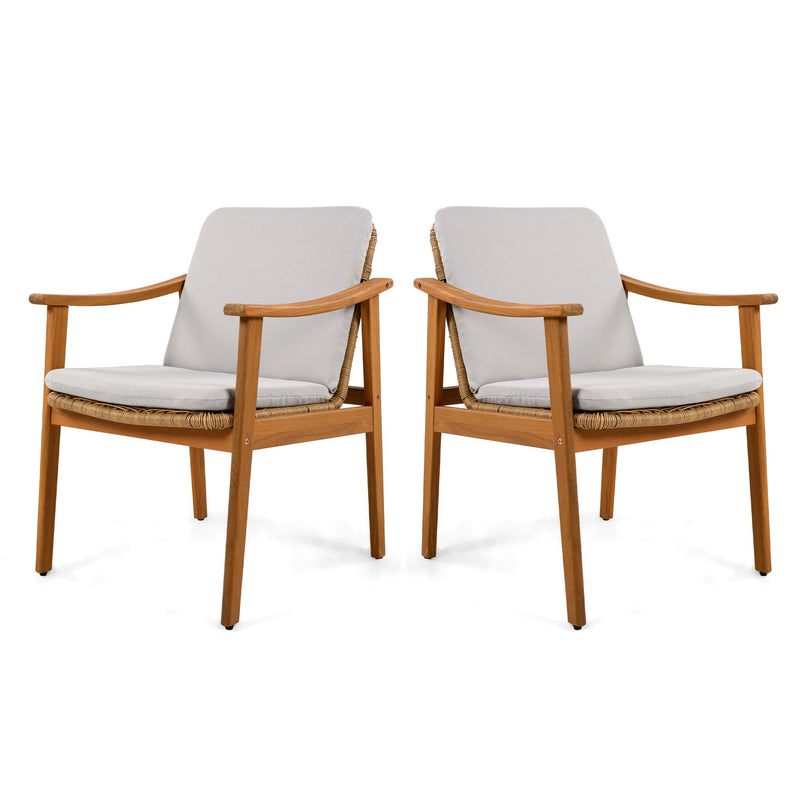 Set of two Noble House outdoor dining chairs with metal frames and woven seats, suitable for patio or garden dining areas.