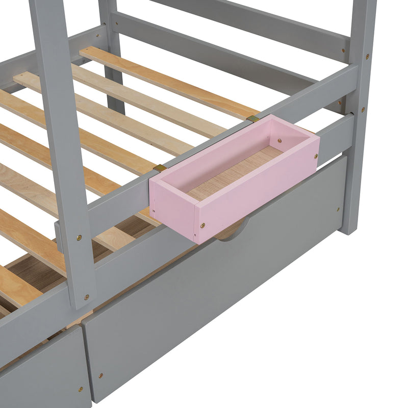 DreamHaus bunk bed with playhouse roof and window, featuring a cozy design suitable for kids' bedrooms.