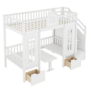 DreamHaus twin over twin bunk bed with changeable table, featuring an upper bed and a down desk for versatile sleeping and study space.