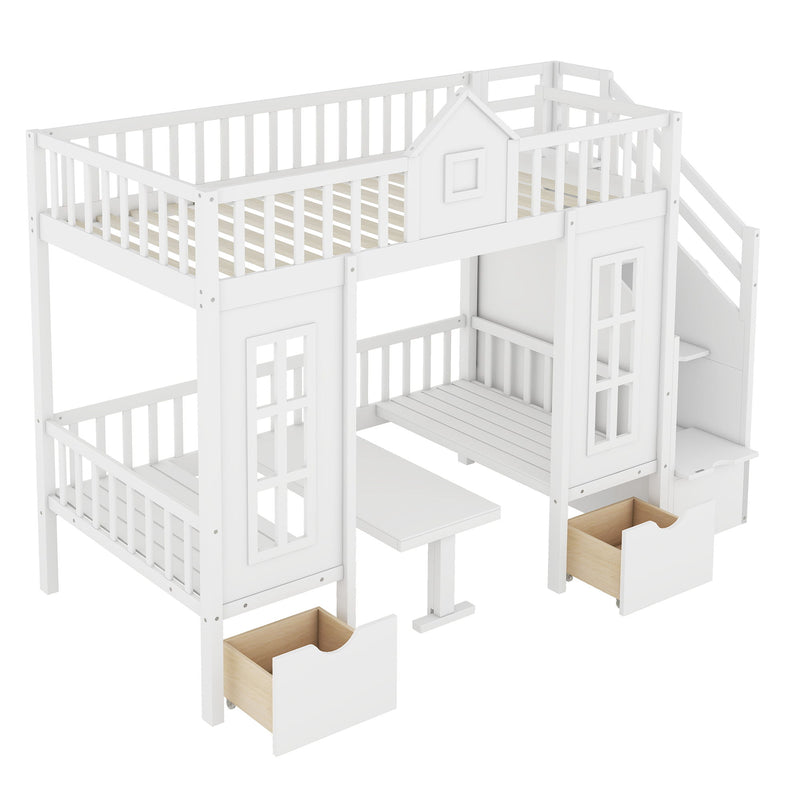 DreamHaus twin over twin bunk bed with changeable table, featuring an upper bed and a down desk for versatile sleeping and study space.