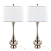 Set of two Lumi Source Cairo contemporary table lamps with nickel finish, white shades, and silver trim, displayed on a modern surface.