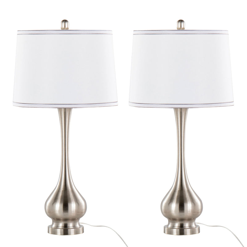 Set of two Lumi Source Cairo contemporary table lamps with nickel finish, white shades, and silver trim, displayed on a modern surface.