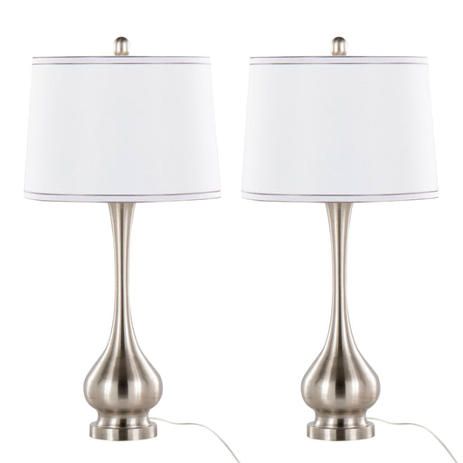 Set of two Lumi Source Cairo contemporary table lamps with nickel finish, white shades, and silver trim, displayed on a modern surface.